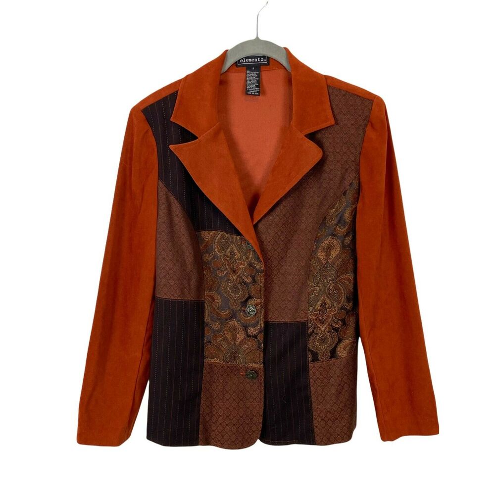 90s Blazer Jacket Elements Women Size Small S Patchwork Rust Brown Preppy Chic